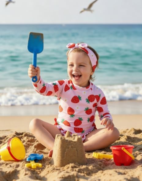 Renotemy Little Girl Swimsuit 2T 3T Drawstring Bow Back Zipper Bathing Suit Gifts Toddler Girls 3T Pink Strawberry Ruffle Summer Beach Essentials Kid Long Sleeve One-Piece Rash Guard Swimwear with Hat - Image 3