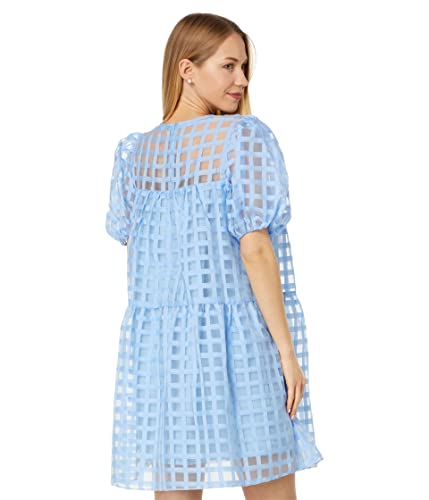 Gridded Puff Sleeve Dress Ocean Blue Xs #TOP1