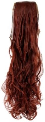 Hairpiece PONYTAIL (comb & ribbon wrap-around system) extension pigtail very long (24 inches) slightly CURLED wavy DARK RED YZF-1094HT-35