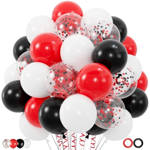 Image of 100pcs Red and Black Balloons, 12inch Red and White With Confetti Balloons for Class of 2026 Graduation, Birthday Decorations, Baby Shower, Casino, Race Car Party Supplies (2 Ribbons)