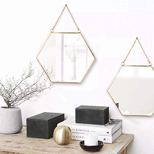 LONGWIN Hanging Wall Hexagon Mirror Decor Gold Geometric Mirror with Chain for Bathroom Bedroom Living Room 11.8"x 10.2" - Image 5