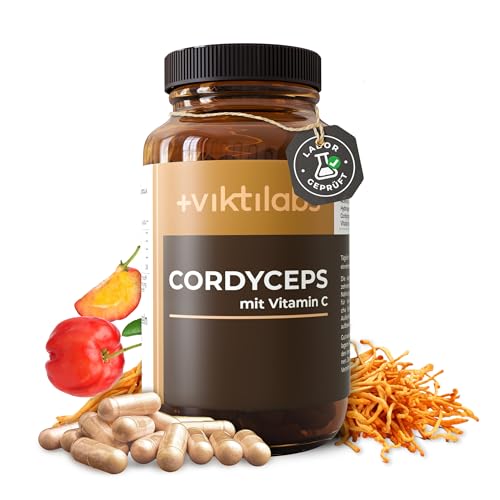Viktilabs© Premium Cordyceps Vitalpilze Kapseln mit Vitamin C aus Acerola | Extra hochdosiert - 426 mg Cordyceps Extrakt + 108 mg Pulver pro Kapsel | 70-Tage-Vorrat | Ohne Zusätze