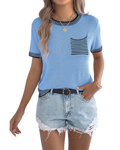 LAVANACE Women's Short Sleeve Sweater 2026 Spring Summer Tops Lightweight Casual Crewneck Sweaters Dressy Trendy Work Blouses Clothes M Blue