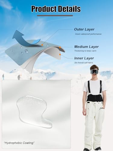 HOUZONIY Herren Skihose Wasserdicht Schneehose Softshellhose Winter Warm Gefüttert Snowboardhose Overall mit VAbnehmbar Träger