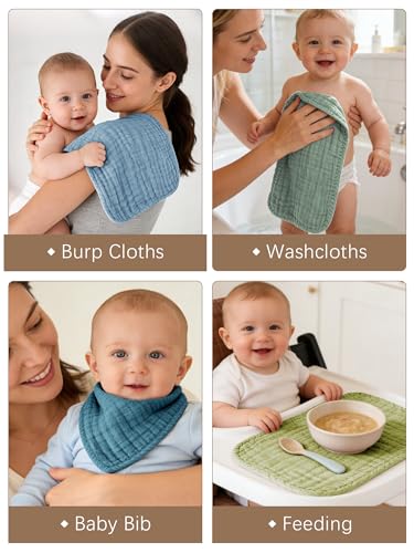 Image of Lovely Care 12 Pack Muslin Burp Cloths 100% Cotton Muslin Cloths Large 20''x10'' Extra Soft and Absorbent Baby Burping Cloth - Sage, Teal and Blue