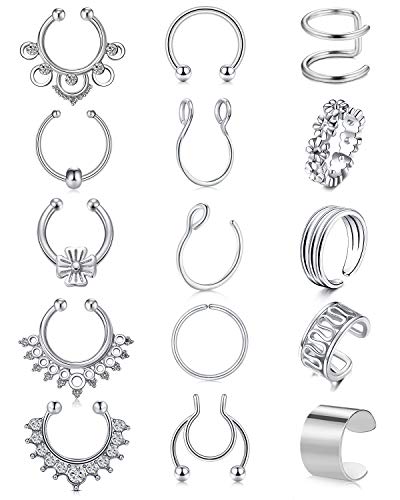 Anicina Fake Septum Rings Stainless Steel Clear CZ Faux Non Pierced Clicker Nose Hoop Ring Clip On Body Piercing Jewelry 15PCS,Silver