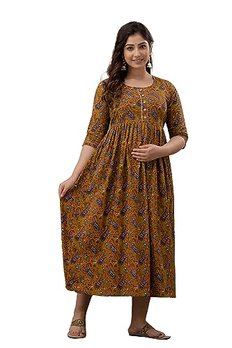 Image of THE Moon Star Women's Cotton Floral Printed Anarkali Maternity Feeding Kurti | Breastfeeding Dress for Mothers | Zipper Feeding Kurti, Nursing Kurti, Comfortable and Trendy Maternity Wear