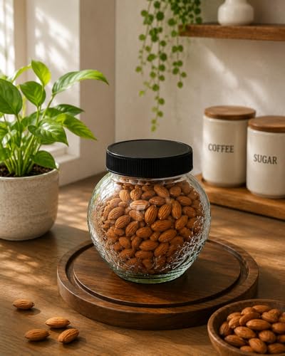 Image of Designer Transparent Glass Storage Jar with Black Plastic Airtight Lid, 900 ML Food Grade Kitchen & Pantry Storage Container, Size 8 X 14 X 14 cm, Ideal for Pulses, Dry Fruits, Pack Of 2