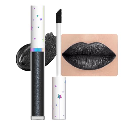 Image of evpct 1Pcs Black Metallic Shimmer Glitter Lip Gloss Liquid Lipstick Long Lasting Waterproof 24, Glitter Pearlescent Metallic Sparkly Glossy Liquid Lipsticks Lip Stain Makeup Set for Women 06#