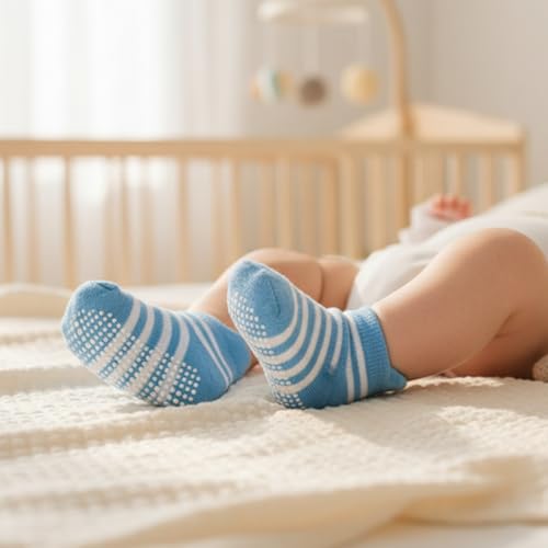 Image of MOMISY Baby Girl Boys Non Slip Regular Socks Kids Toddlers Infant Cotton Stretch Anti-Slip-6 Pairs (Dotted-Striped, 1 to 3 years), Multicolor