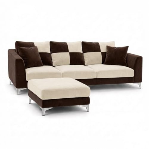 Image of Romeo Rich 4 Seater L Shape Sofa Set with Movable Ottomans | Flexible Layout | Velvet Suede Fabric | Golden Aesthetic Legs | Dual Tone Modern Sofa for Living Room (Dark Brown-Cream)