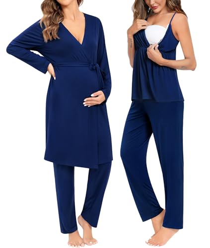 Image of SWOMOG Maternity Nursing Robe Set 3 Piece Breastfeeding Pajamas 3 in 1 Labor Delivery Sleevless Tops&Long Pants Pregnancy Pjs