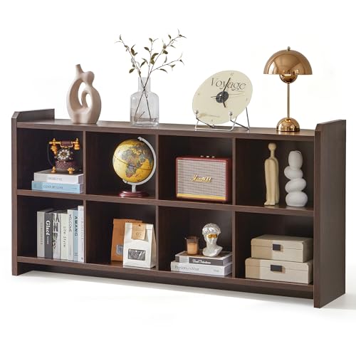 Image of 8 Cube Low Storage Organizer, 63 inch Long Horizontal Bookshelf, Dark Walnut