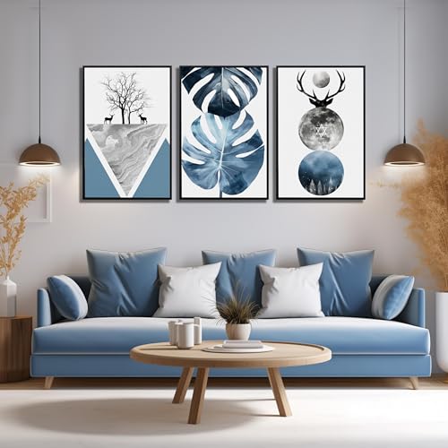 Image of Boho Canvas Wall Art Set of 3 with Black Frame, Abstract Minimalismt Bohemian Deer & Tropical Leaf Pictures Prints Artwork Paintings Wall Decor for Bedroom Living Room Home Decoration 24x36 inches