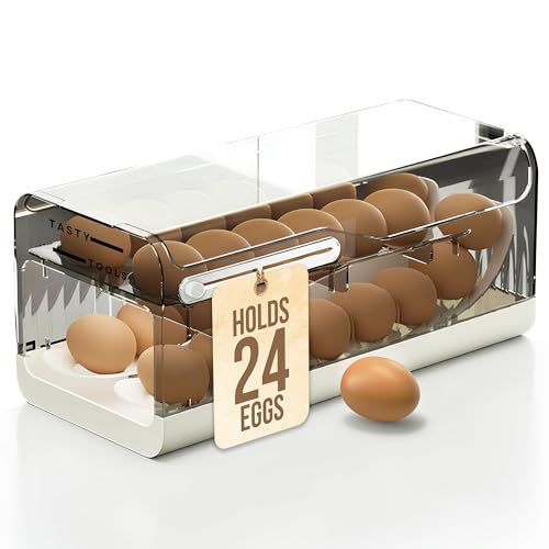 Tasty Tools 24 Egg Rolling Dispenser Clear Plastic Egg Holder For Fridge Egg Organiser With Lid Egg Holder For Kitchen Storage