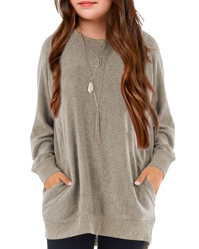 Girls Shirts for 6-13 Years Long Sleeve Crewneck Tops with Pockets