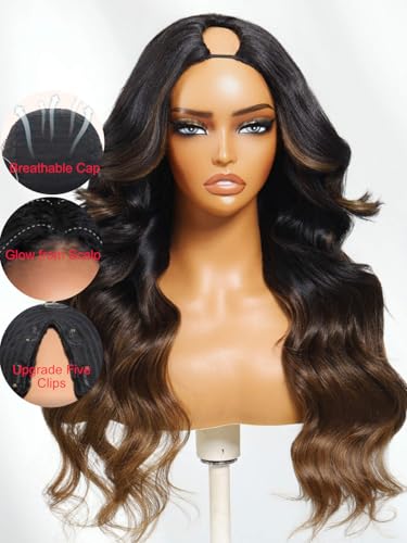 Image of Beauty Forever V Part Wigs Human Hair Loose Wave Black to Chestnut Brown Face Framing Small Leave Out Vpart Drawstring Wig No Glue No Sew In Upgrade U Part Wigs Beginner Friendly 150% Density 20inch