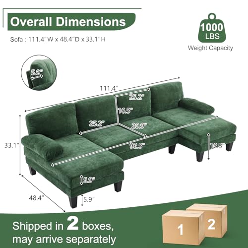 Image of Karl home Compact U-Shape Sectional Sofa Couch 111 inch 4-Seat Green | Modern, Chenille Fabric Upholstered, Double Chaise, Wood Grain Legs for Living Room, Home Office, Apartment, Studio