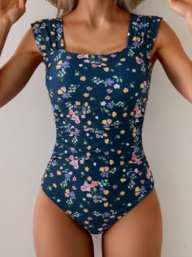 Image of B2prity Womens One Piece Swimsuit Retro Square Neck Tummy Control Bathing Suits Ruched Modest Full Coverage Swimwear