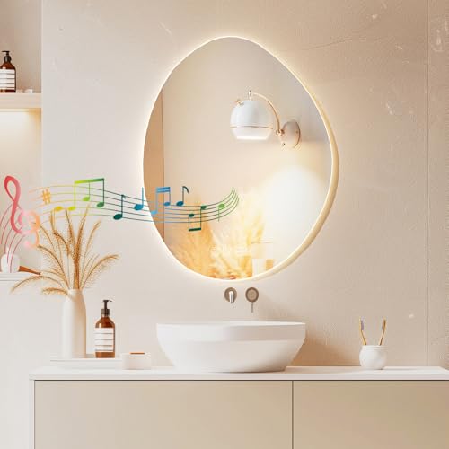 LED Bathroom Mirror with Lights,Wall-Mounted with Bluetooth Speaker,Anti-Fog, 3 Color Temperature, Dimmable Brightness,IP65 Waterproof Three-Color Light + defog + Bluetooth 70x90cm