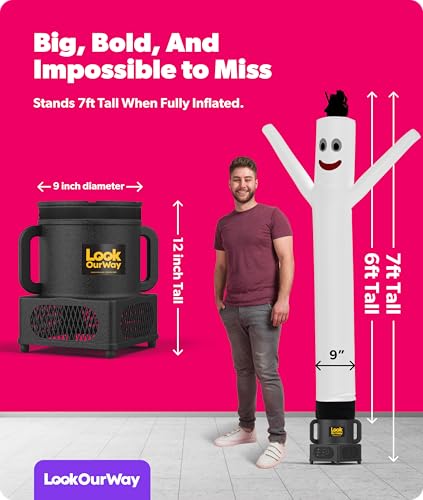 Image of LookOurWay Air Dancers Wacky Waving Inflatable Tube Guy - 7ft Tall Inflatable Advertising Waving Dancing Man with Sky Dancer Blower - White