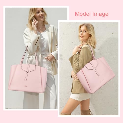 MOSISO Laptop Tote Bag for Women, 15.6 inch PU Leather Work Laptop Bag with Flap Buckle & Clutch Purse, Large Capacity Computer Shoulder Handbag for Casual Business Travel, Pink2