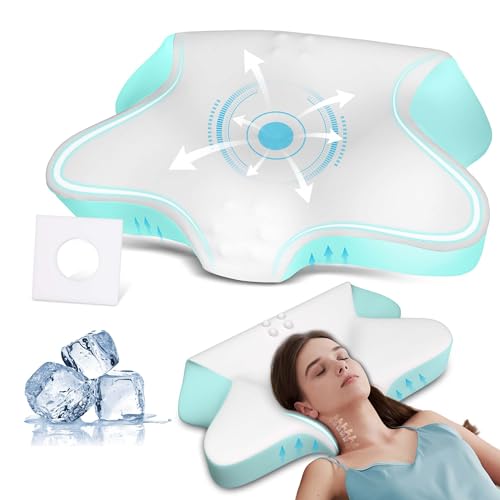 Cervical Neck Pillow for Pain Relief-Memory Foam Contour Pillow 4 Adjustable Heights,Ergonomic Bed Pillow with Cooling Ice Silk Pillowcase,Supportable Pillow for Side,Back Stomach Sleepers