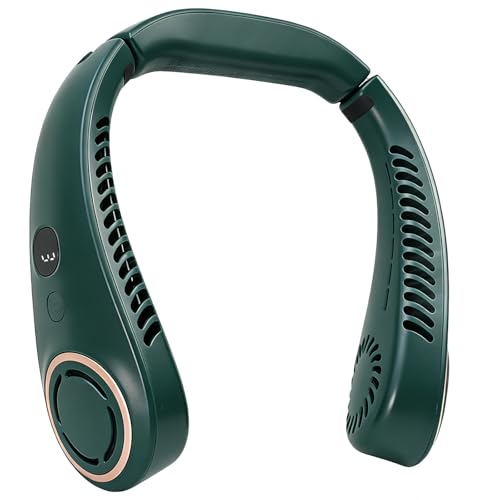 VINMMSEN Portable Neck Fan, Rechargeable Hands-Free Adjustable Fan, 3 Speeds, Safe and Doesn't Pinch Hair, LED Display, Cooling Neck Fan for Pilates, Barbecue, Camping (Dark Green)