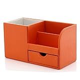 KINGFOM™ Wooden Struction Leather Multi-function Desk Stationery Organizer Storage Box Pen/Pencil ,Cell phone, Business Name Cards Remote Control Holder Colors (organge)