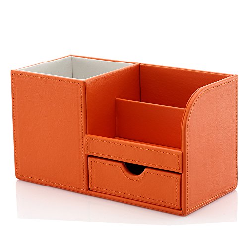 KINGFOM PU Leather Desk Organizer Office Accessories Collection Storage Box, 3 Compartments Pen Pencil Holder with Small Drawer (Orange)