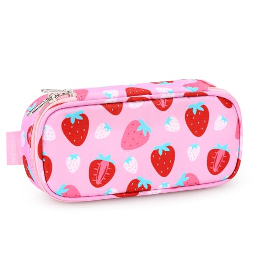 Image of mibasies Girls Pencil Case for Kids, Multi-Slot Pencil Pouch, Assorted Strawberry Red
