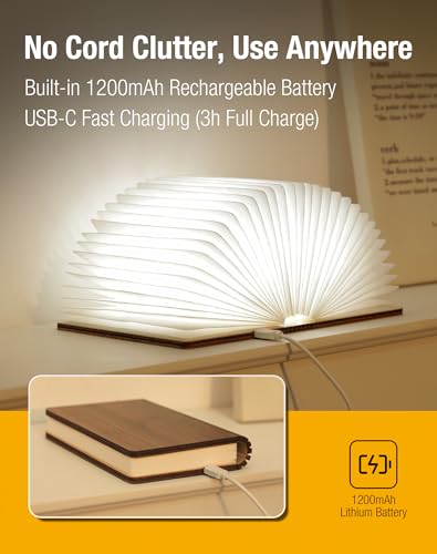Image of 5.7 Inch Wooden Book Lamp - Portable Folding LED Book Light for Reading, Home & Library Decor, Unique Gift for Book Lovers, Magnetic Night Light (Walnut)