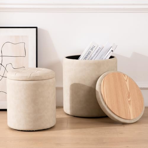 Faux Leather Round Ottoman with Storage Set of 2, Button Tufted Ottoman Foot Stools, 14.76