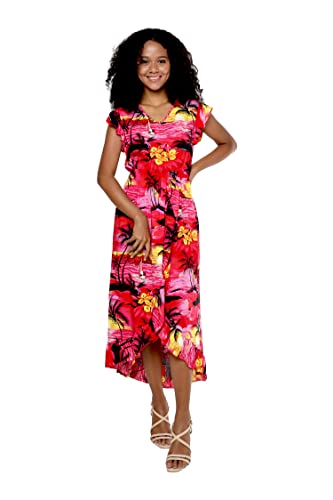 Image of Hawaii Hangover Family Matching Hawaiian Clothes, Sunset Red | Family matching Hawaiian outfits, Sunset Red, lightweight rayon, machine washable, tropical floral print, luaus, cruises