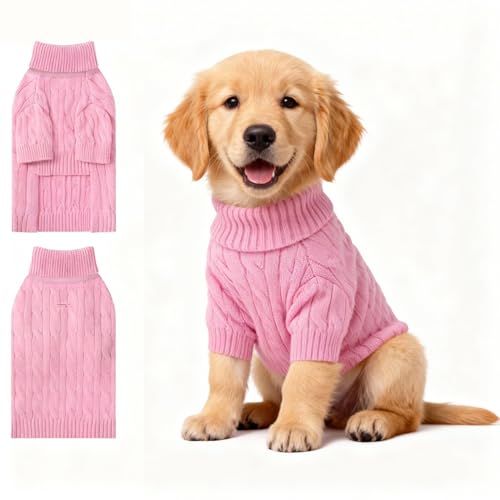Image of Small Dog Thermal Pullover Sweater, Classic Turtleneck Cable Knitwear Dog Clothes for Cold Weather Warm Pet Clothes for Chihuahua, Bulldog, Dachshund, Pug Pink XX-Large