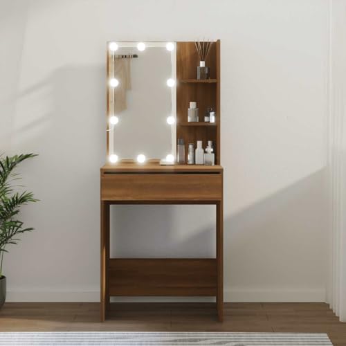 Tocador con cajon y estantes de madera roble con espejo LED moderno 2