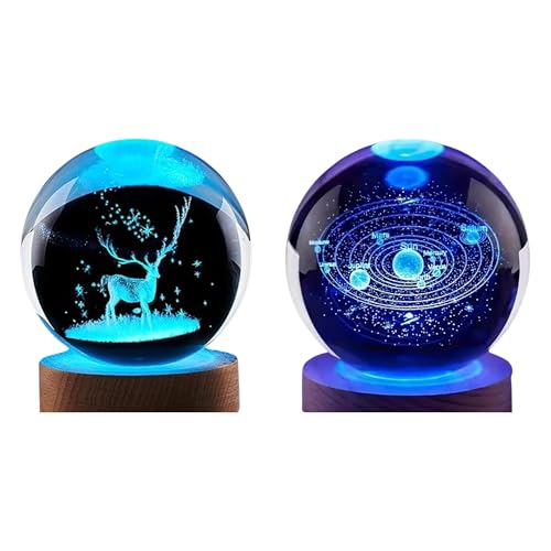 Image of 2 Pcs 3D Deer and Galaxy Crystal Ball Night Light | USB Powered LED Table Light, Enchanting LED Table Decor with Wooden Base Perfect for Home, Bedroom & Office Decor