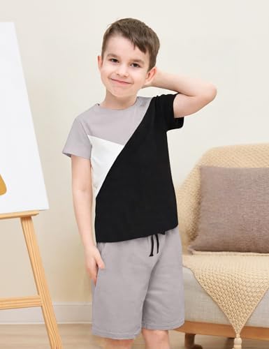 Image of Ayzozuy Boy Clothes Colorblock Top + Drawstring Waist Shorts 2 Pieces Kid Summer Outfits Set