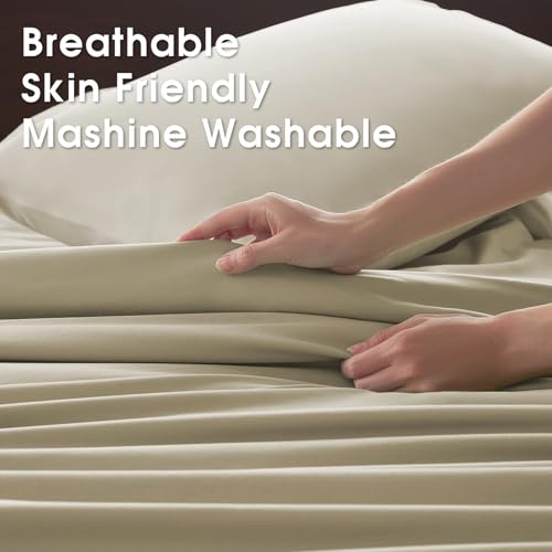 Image of Queen Size 4 Piece Sheet Set - Comfy Breathable & Cooling Bed Sheets Set, Soft and Wrinkle Free, Deep Pockets, Easy & Secure Fit, Hotel Luxury Bedding - Oeko-Tex - Beige