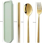 Ensemble d'argenterie or pour le camping. Léger & Porte-chocs réutilisables Fourche à cuillère avec étui en paille de blé pour l'extérieur. Ensemble de couverts plats en acier inoxydable.Lavage-vaisselle sans danger (or)