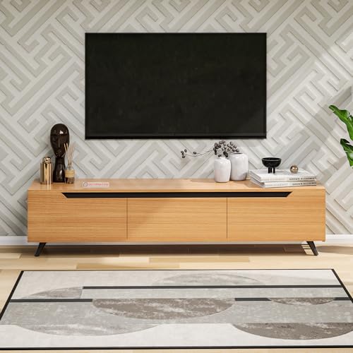 Image of DecorNation Nova Wooden TV Unit Stand (Medium) - Modern Entertainment Table with 3 Closed Compartments for Living Room, Bedroom & Office (55.5 x 13.3 x 16.6 Inches, Bavarian Beech Finish)