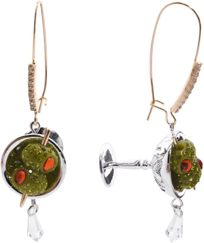 Betsey Johnson Green Olive Martini Glass Drop Earrings with Crystal Accents, Silver-Tone Hook Closure