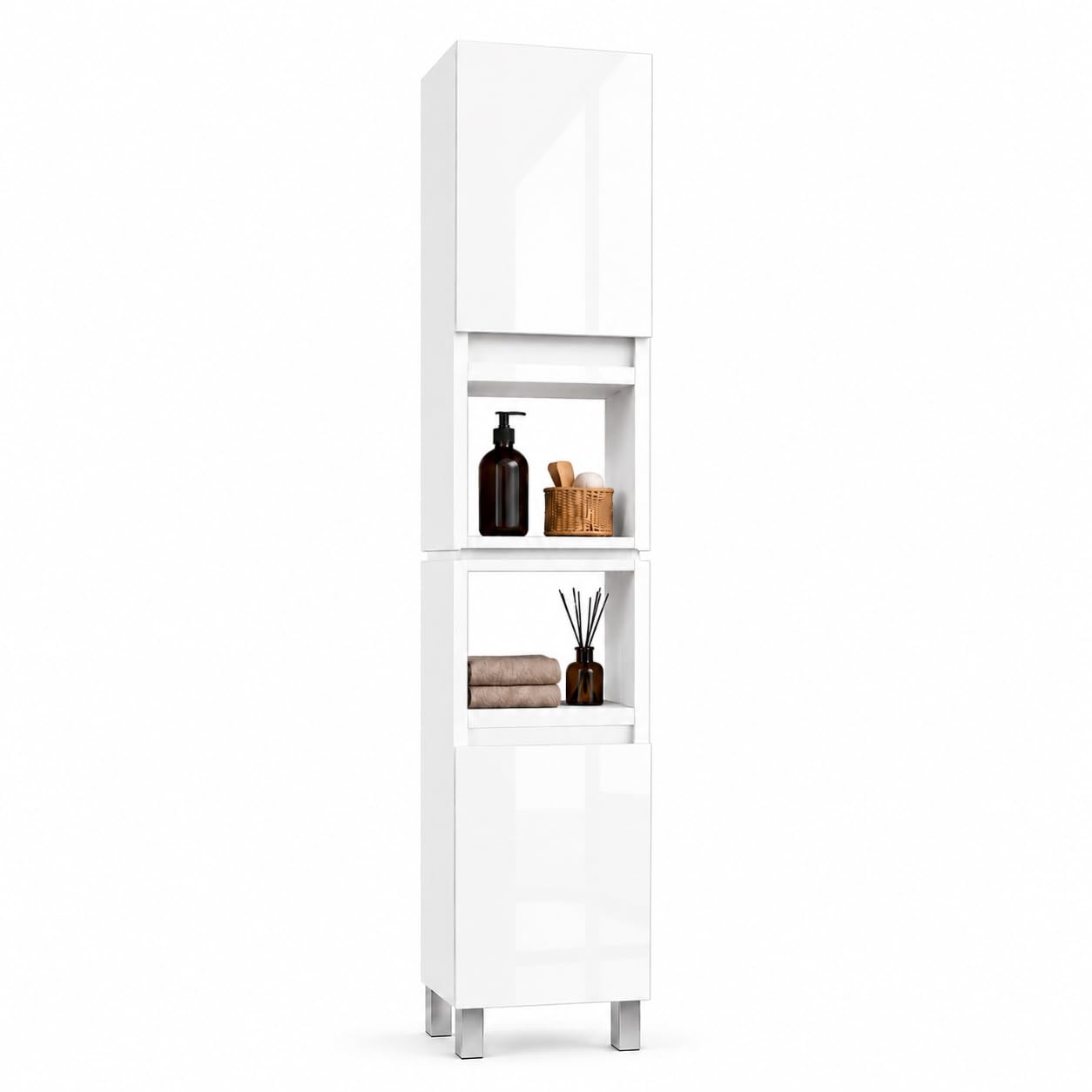 Badezimmerschrank Stehend Ariza, Hochglanz Weiß, MDF 18 mm, Soft-Close Türen, 6 Regale, 161 x 28 x 25 cm, Midischrank, Gäste WC & Bad für Kosmetik, Hängend, Links rechts