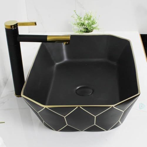 Image of BASSINO 20x14x6 Inches Ceramic Counter Top Wash Basin /1 Year Warranty /Rectangular Tabletop Basin for Bathroom /Above Counter Sink for Dining Hall /Living Room /Hotel /Office(Black & Gold Finish)