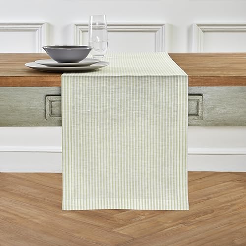Solino Home Linen Table Runner 90 Inches Long - Narrow Stripe, 100% Pure Linen Sage and White Farmhouse Table Runner 14 x 90 Inch for Dining, Fall, Autumn, Thanksgiving, Christmas