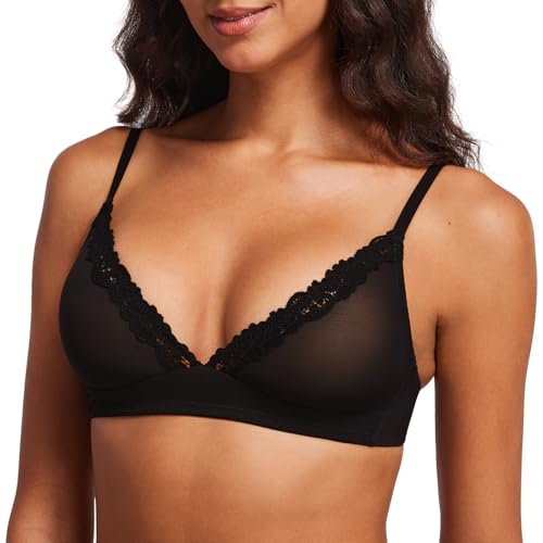 DOBREVA Women's Triangle Mesh Bralette Sexy Sheer Plunge Wireless Bra Lace Trim