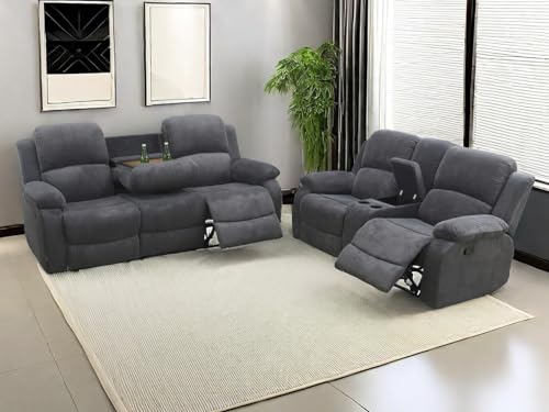 Fabric Recliner Sofa Set in 2 Pieces Living Room Furniture Sets Modern Loveseat Couch Set Manual Reclining Sofa Set with Cup Holders/Storage Console for Living Room/Rv Car (Grey,Sofa+Loveseat)