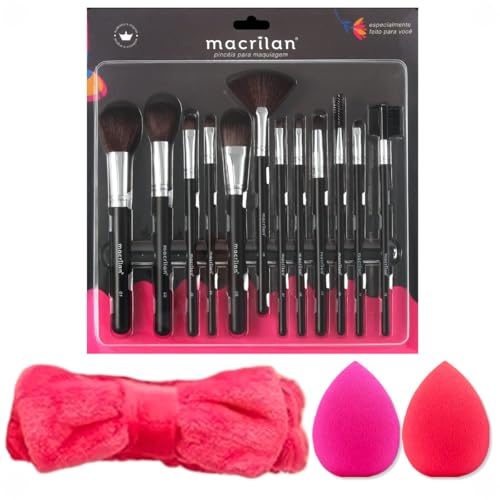 Kit 12 Pincéis de Maquiagem Profissional Macrilan Kp9-1a + 2 Esponjas de Maquiagem + 1 Tiara Make Up