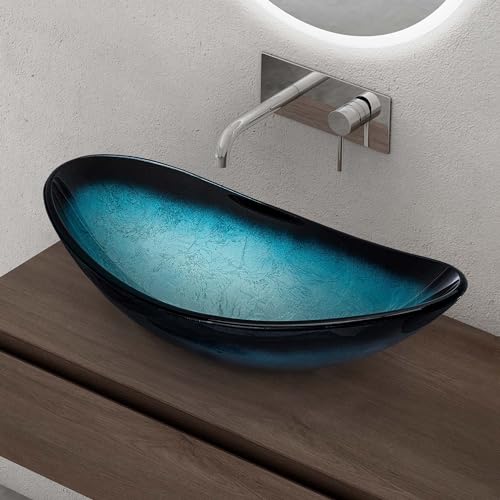 doporro Lavabo à Poser Vasque en Verre Bleu Lave Mains Ovale de Salle de Bains Petit Lave-Mains pour WC 53,5x35,5x16 cm Minerva08