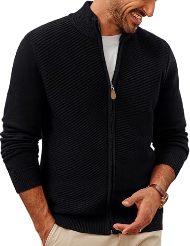 PJ PAUL JONES Mens Full Zip Sweater Fall Casual Stand Collar Zip Up Knit Long Sleeve Cardigan Sweaters Winter Fashion Cardigans Black M